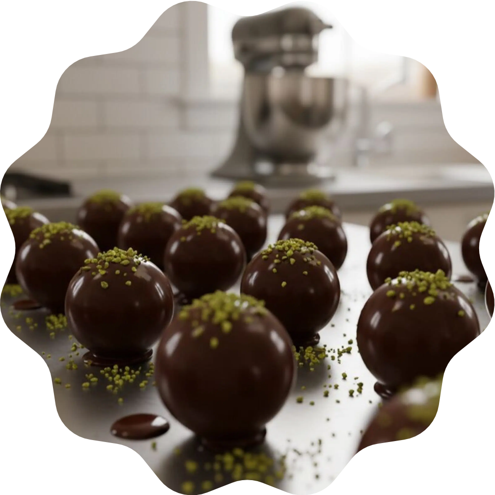 Bombe de chocolat chaud garnie de guimauves – Pistache Chocolat Noir 70 %